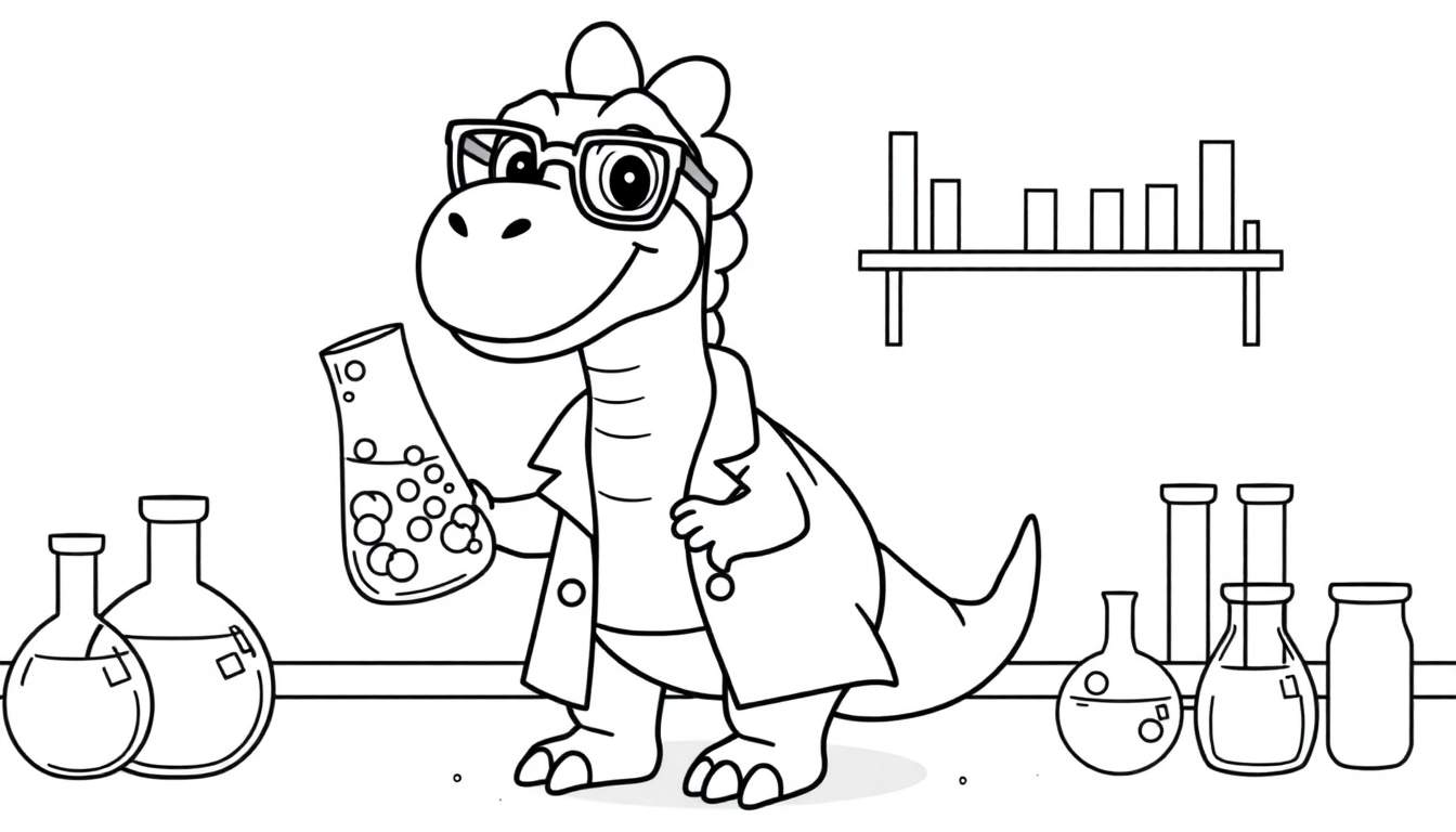 A friendly dinosaur scientist in a lab coat, holding a bubbly beaker, on a black and white coloring panel.