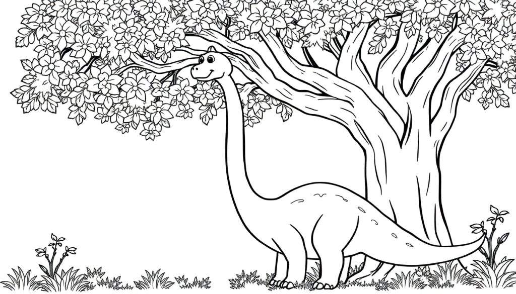 A friendly Brachiosaurus with a long neck munching leaves from a tall tree, black and white coloring panel for kids.