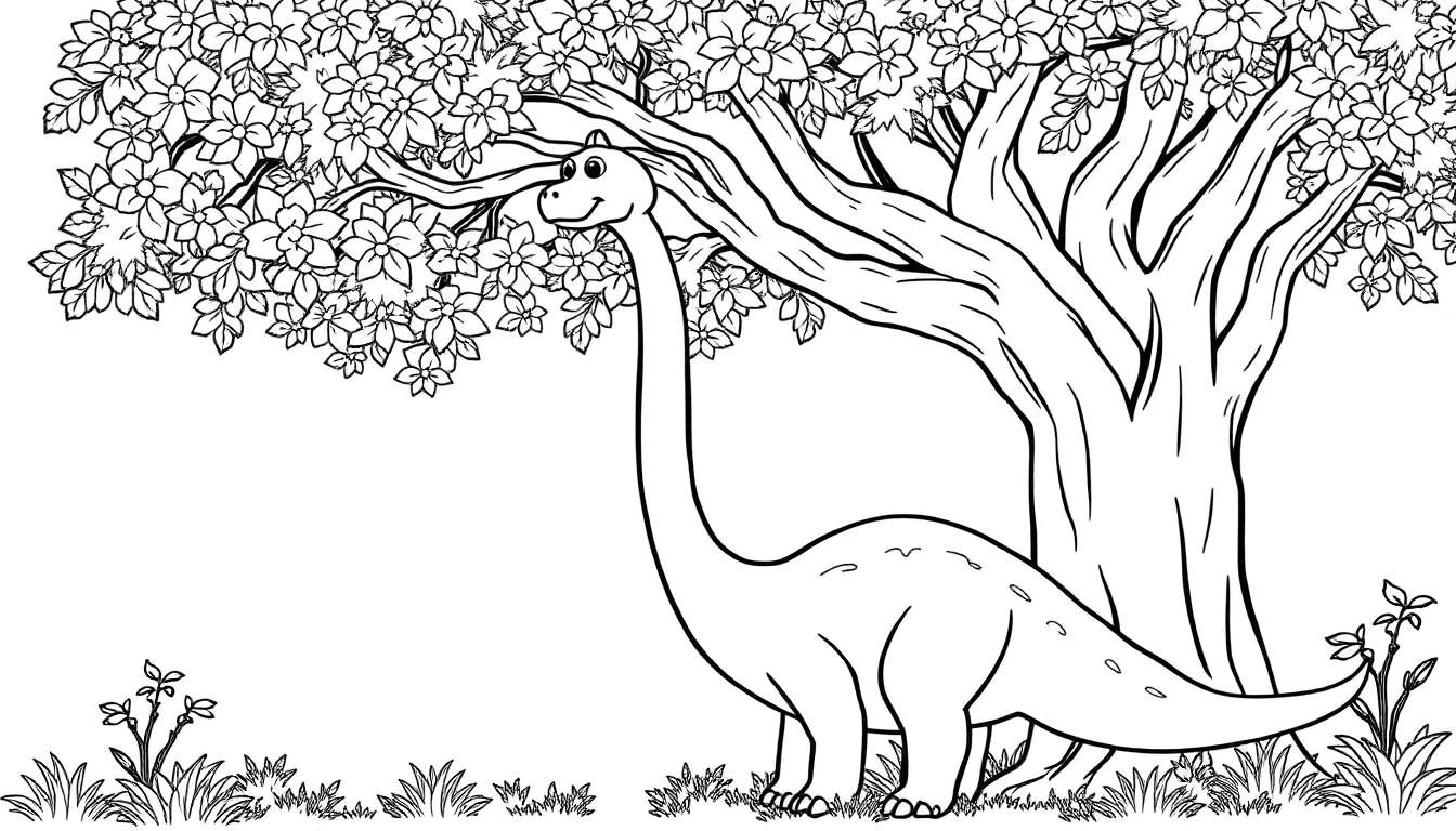 A friendly Brachiosaurus with a long neck munching leaves from a tall tree, black and white coloring panel for kids.