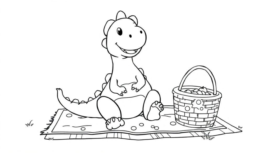 A friendly cartoon dinosaur sits on a patterned blanket next to a picnic basket, perfect for a color panel activity.