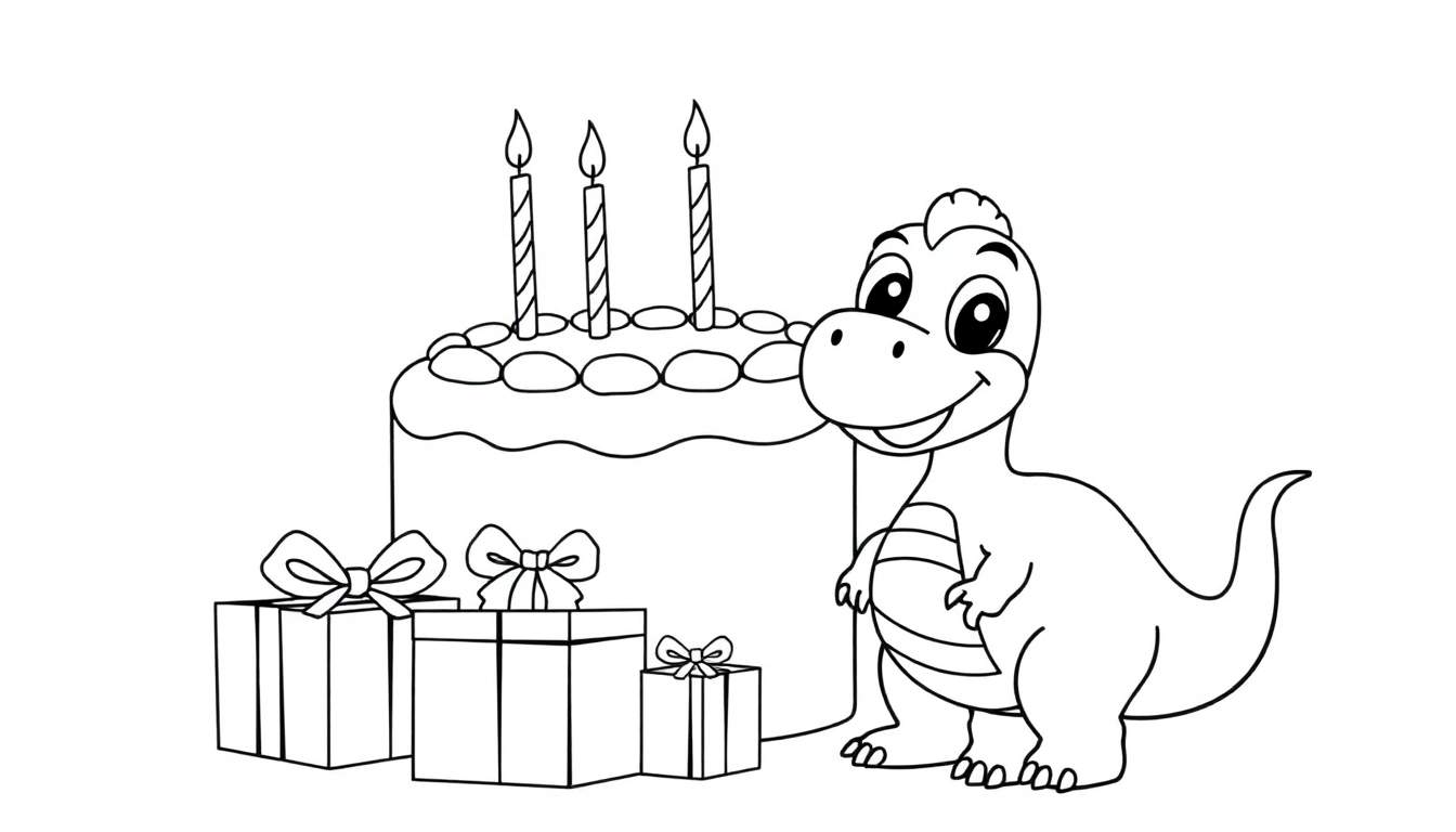 A smiling dinosaur next to a birthday cake and presents, a fun black and white color panel for kids.