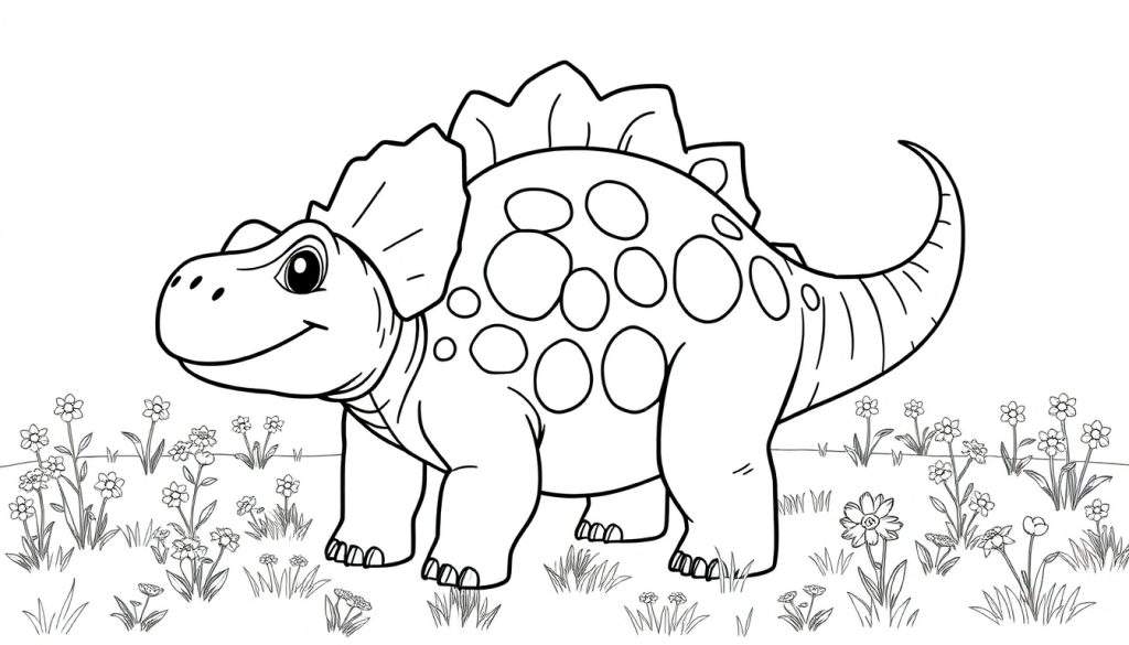 A cute cartoon dinosaur, ready for coloring in this color panel.