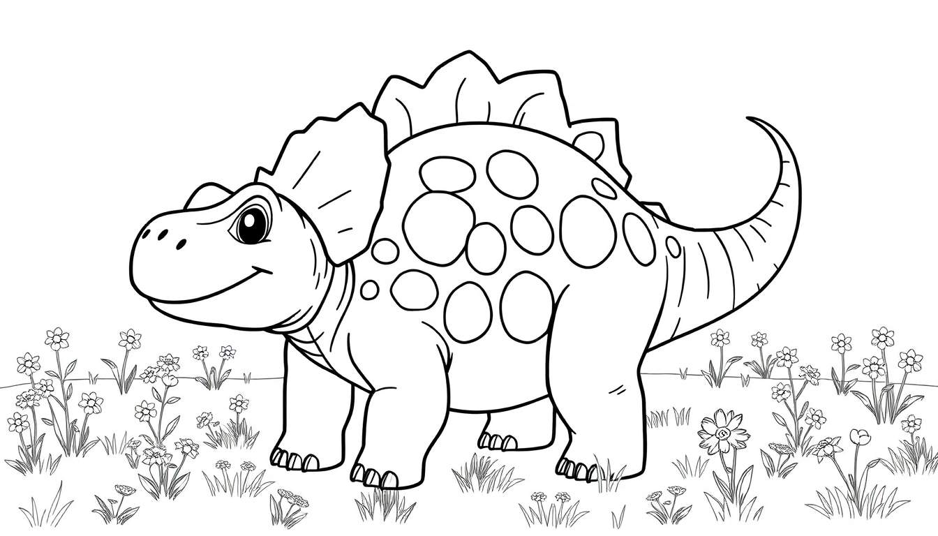 A cute cartoon dinosaur, ready for coloring in this color panel.