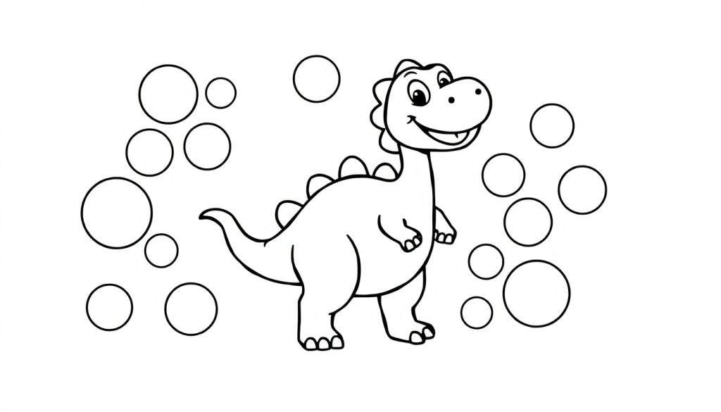 A cute dinosaur coloring page with a color panel of circles.