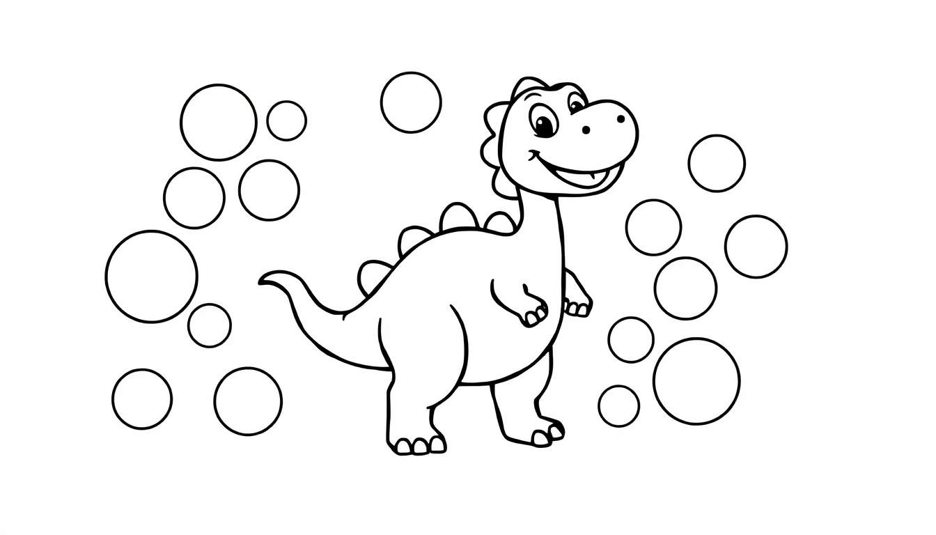 A cute dinosaur coloring page with a color panel of circles.
