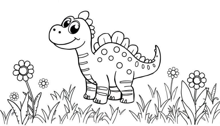 A cute cartoon dinosaur coloring panel with stripes and dots.