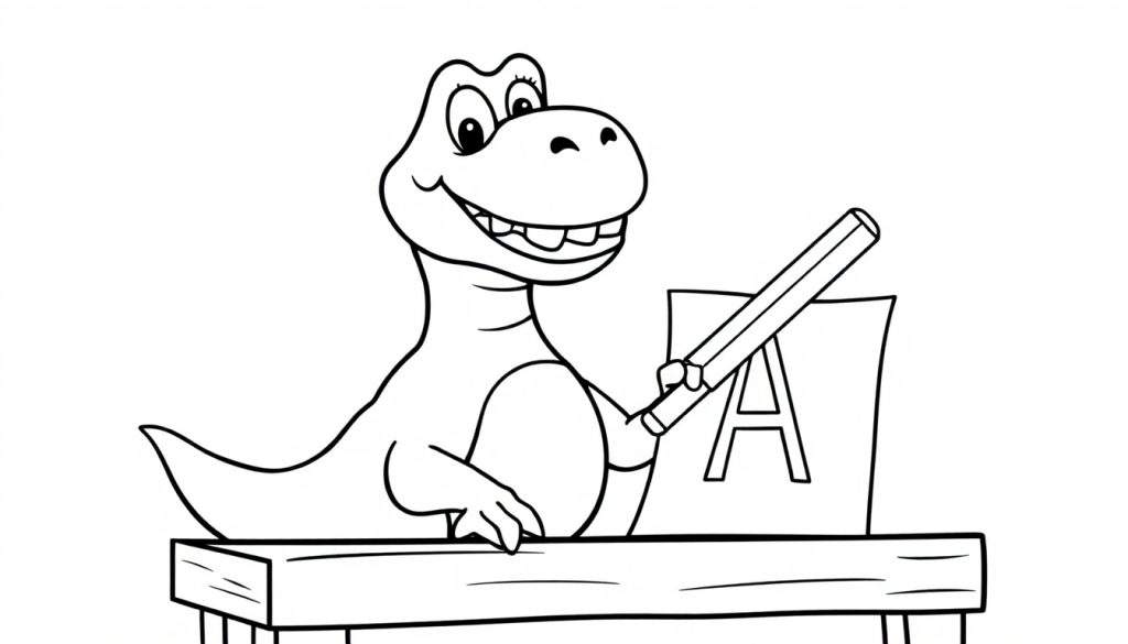 A cartoon dinosaur holding a pencil and a paper with the letter 'A' on it, for a color panel.