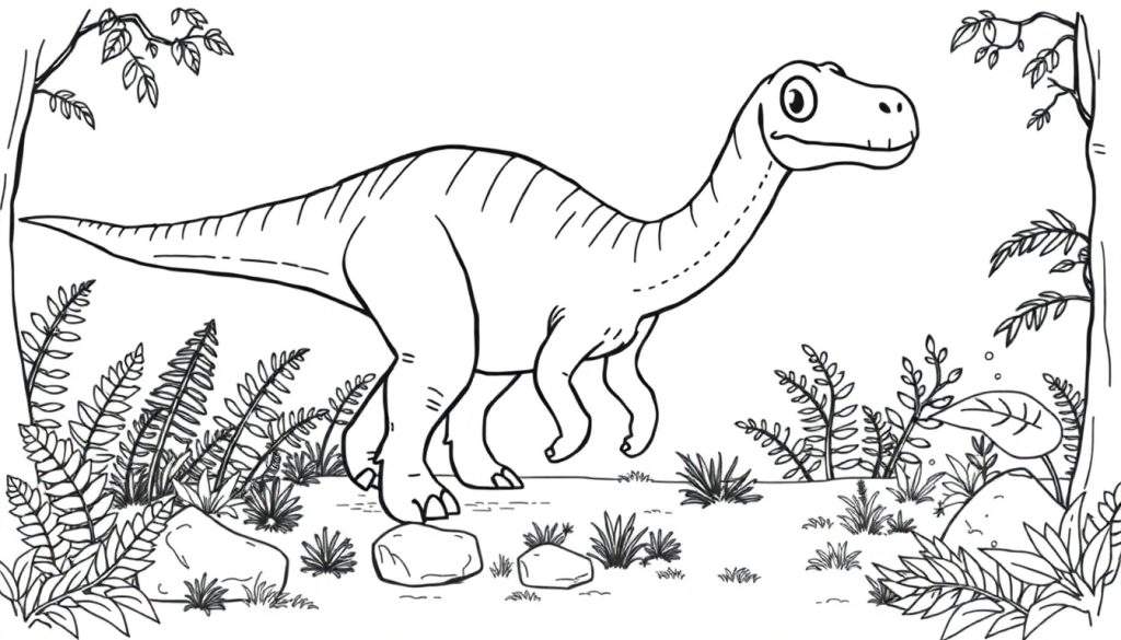 A friendly Diplodocus coloring panel walking through a prehistoric forest.