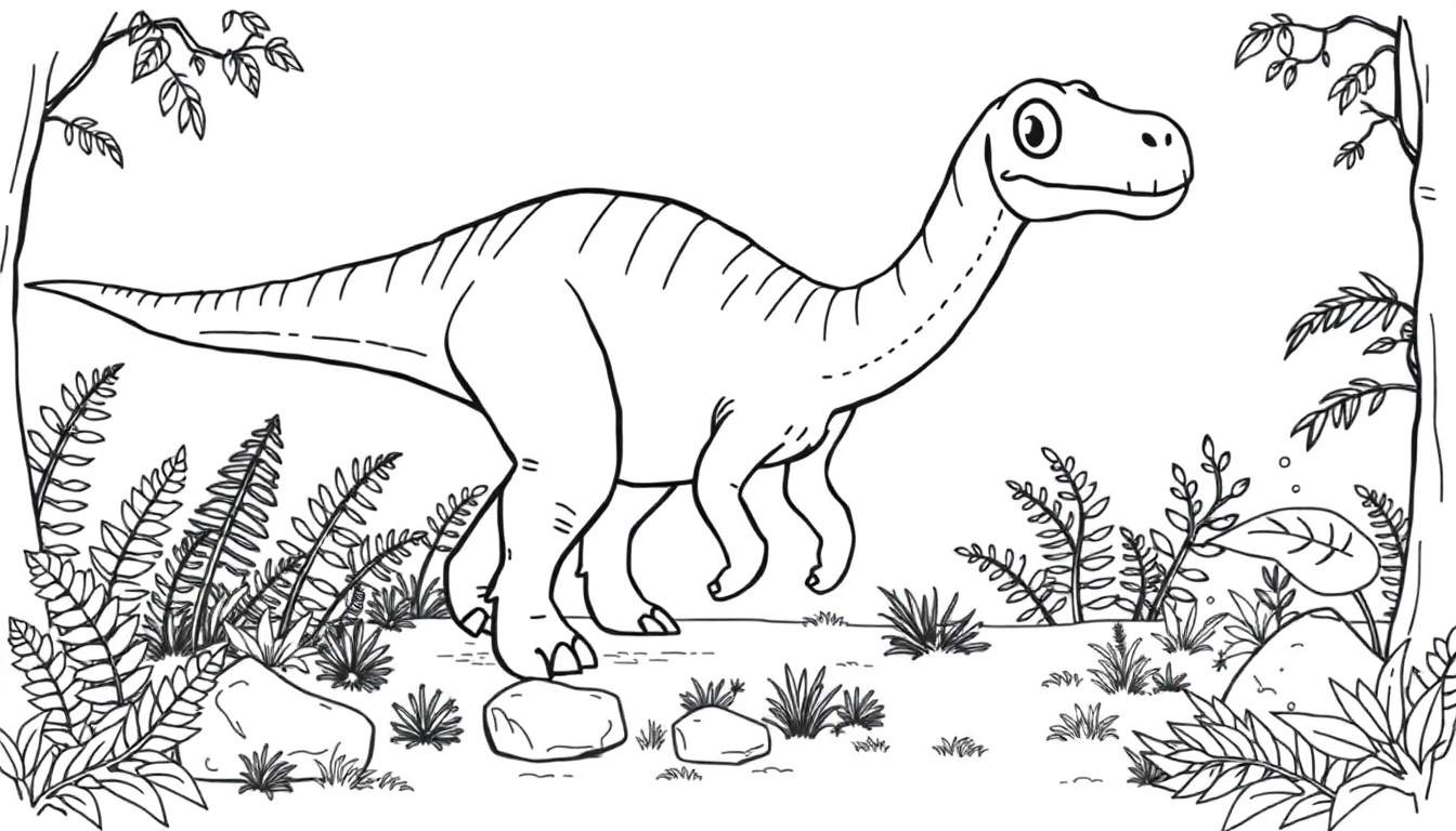 A friendly Diplodocus coloring panel walking through a prehistoric forest.