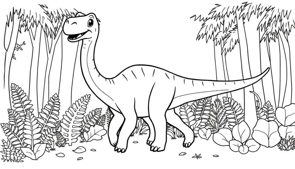A friendly Diplodocus coloring panel in a forest.