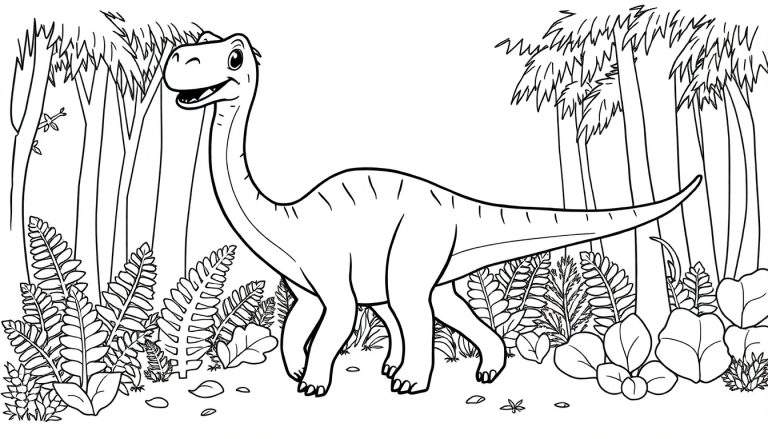 A friendly Diplodocus coloring panel in a forest.