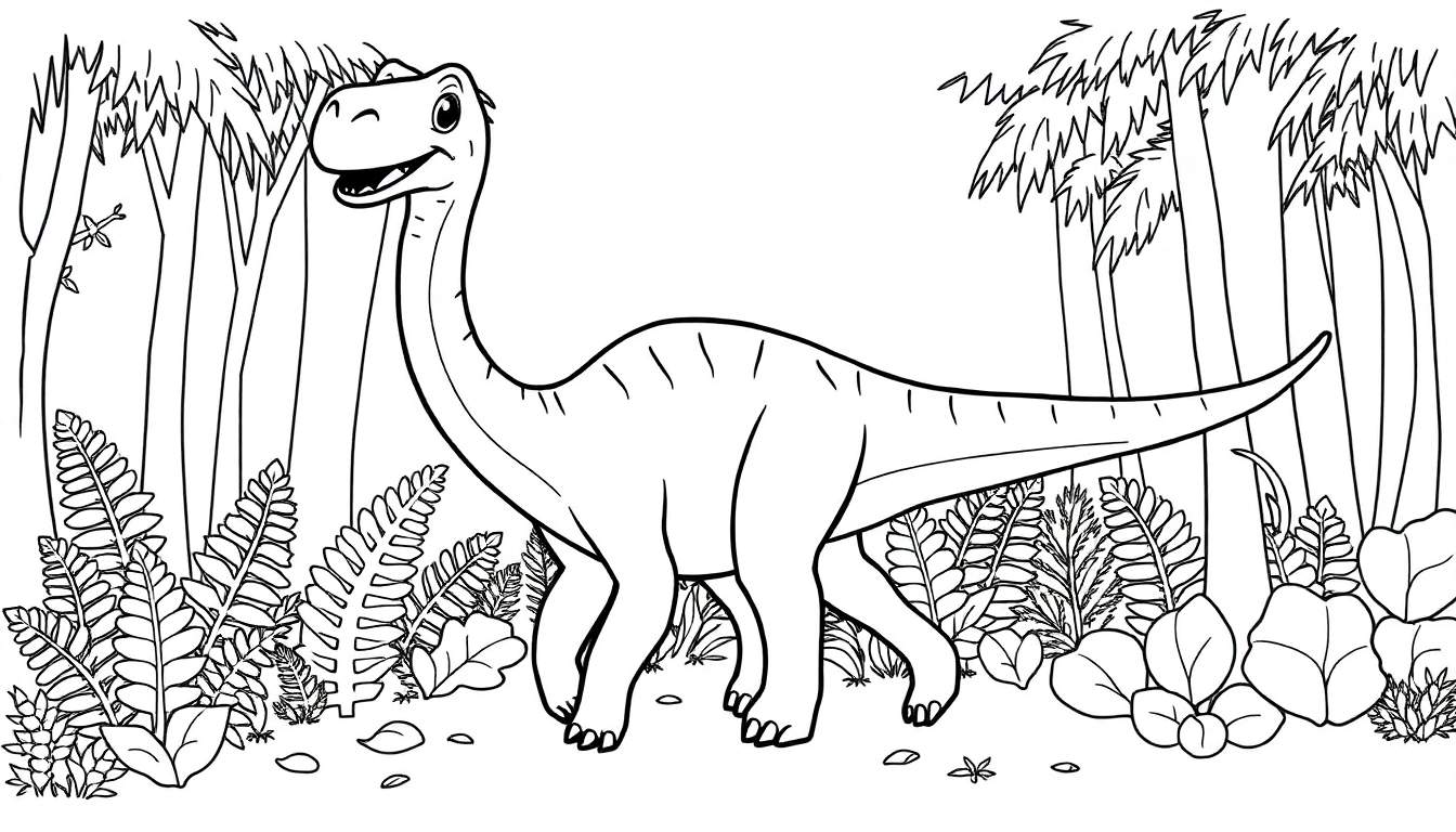 A friendly Diplodocus coloring panel in a forest.