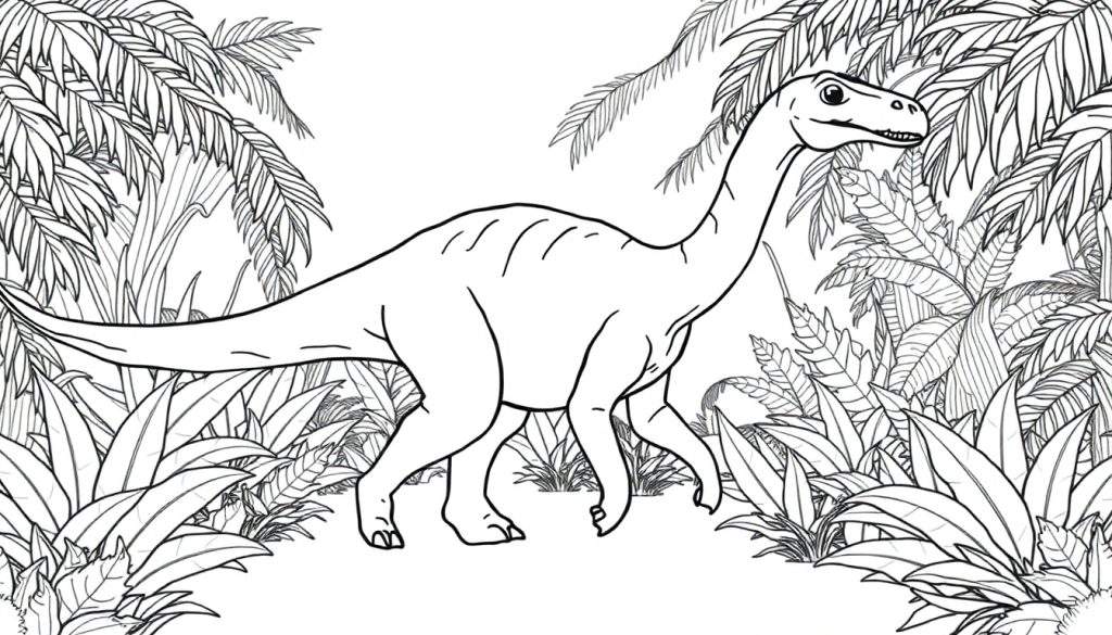 A friendly Diplodocus coloring panel walking through a jungle.