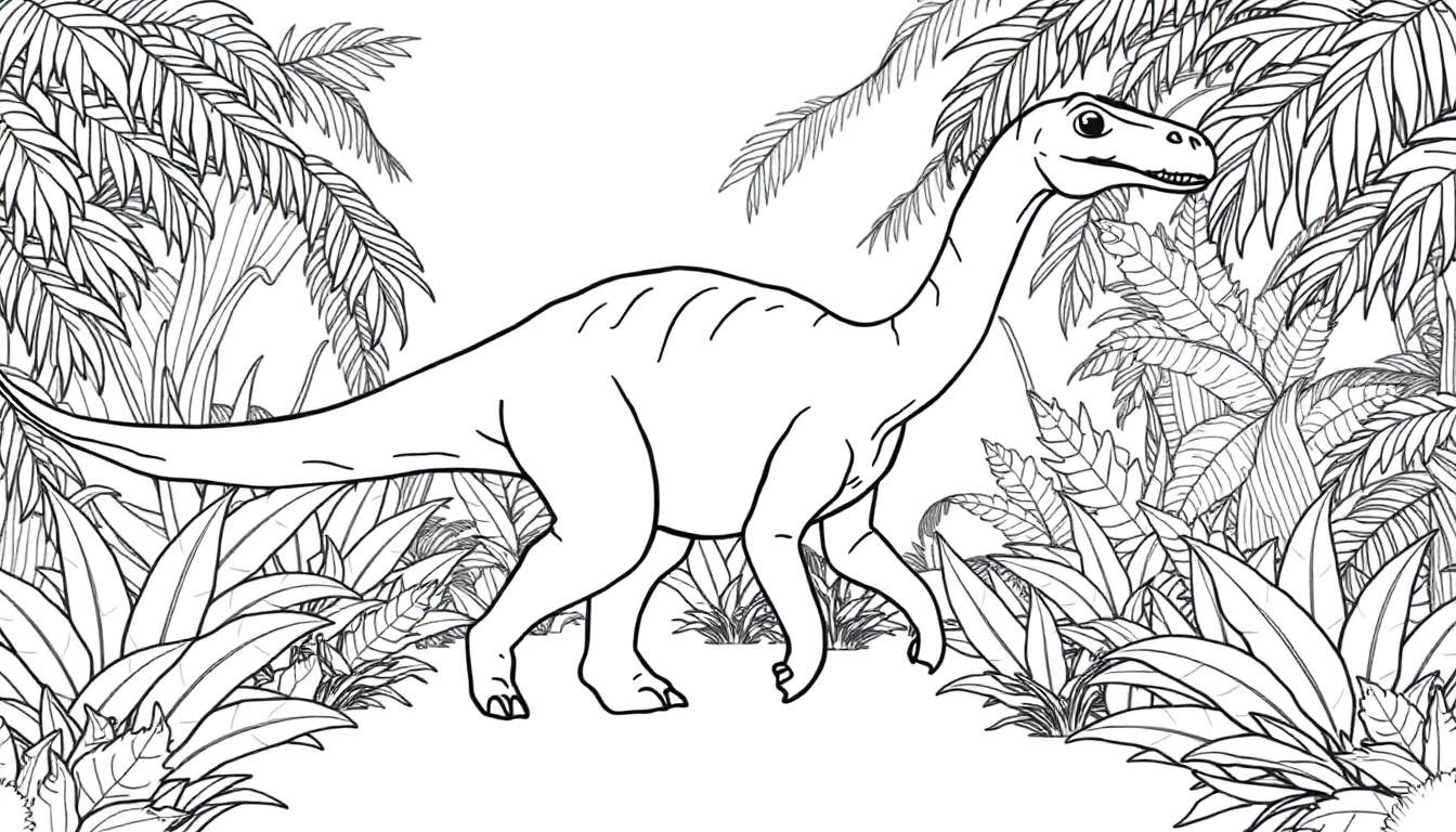 A friendly Diplodocus coloring panel walking through a jungle.