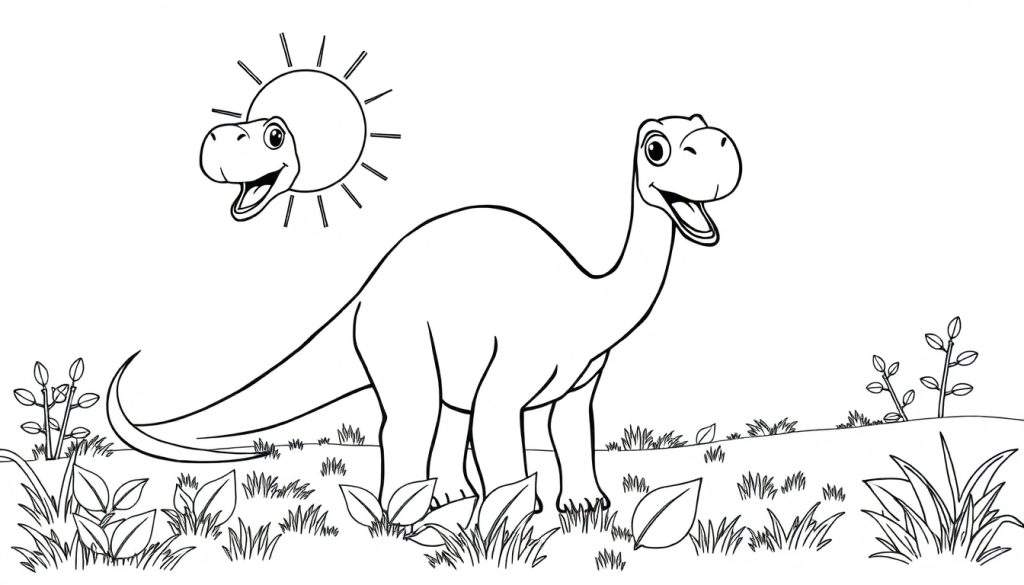 A cartoon Diplodocus smiling under a happy sun, with plants, in a color panel.