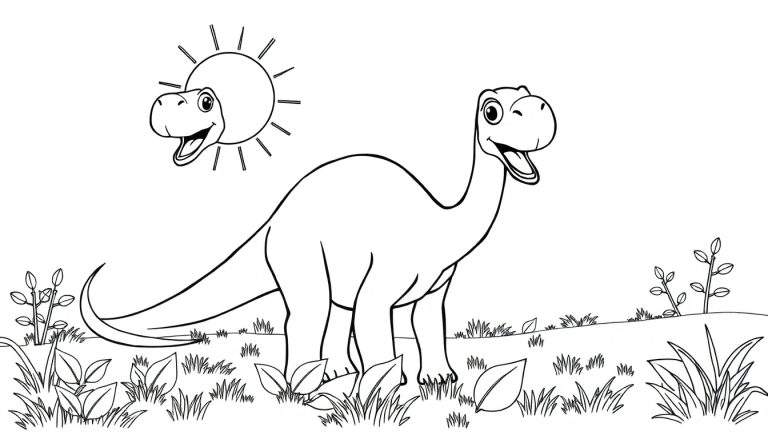 A cartoon Diplodocus smiling under a happy sun, with plants, in a color panel.
