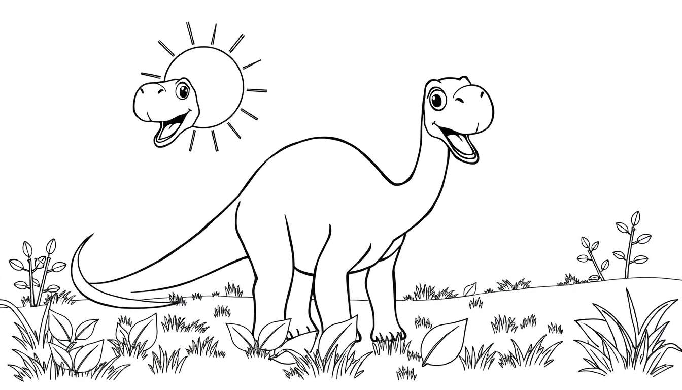 A cartoon Diplodocus smiling under a happy sun, with plants, in a color panel.