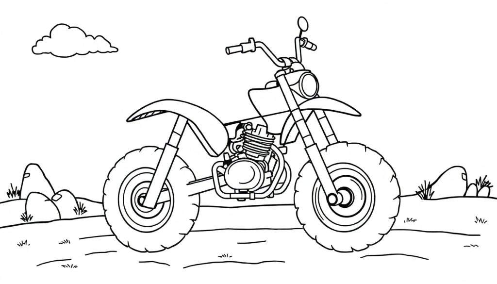 Black and white line drawing of a cartoon dirt bike, ready for coloring, a fun color panel adventure.