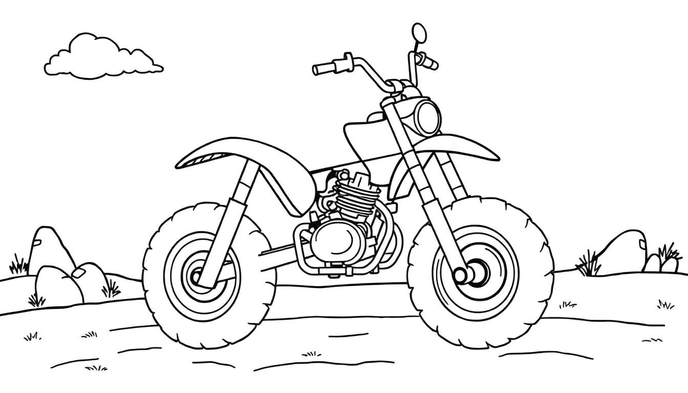 Black and white line drawing of a cartoon dirt bike, ready for coloring, a fun color panel adventure.