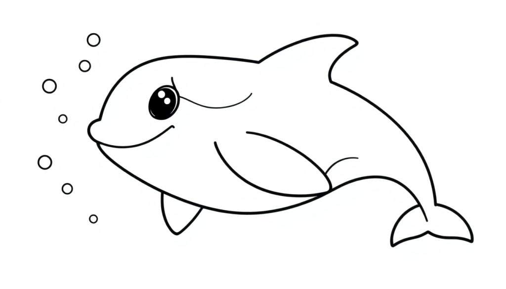 A black and white cartoon dolphin swimming with bubbles, a fun color panel for kids.
