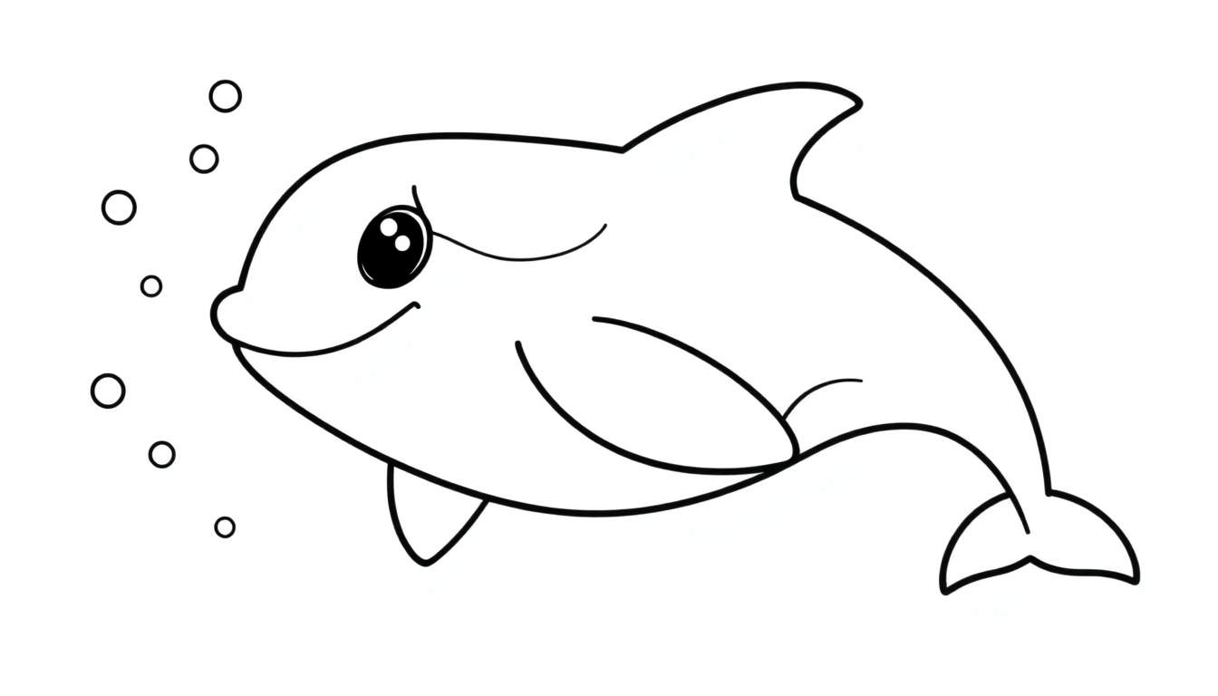A black and white cartoon dolphin swimming with bubbles, a fun color panel for kids.