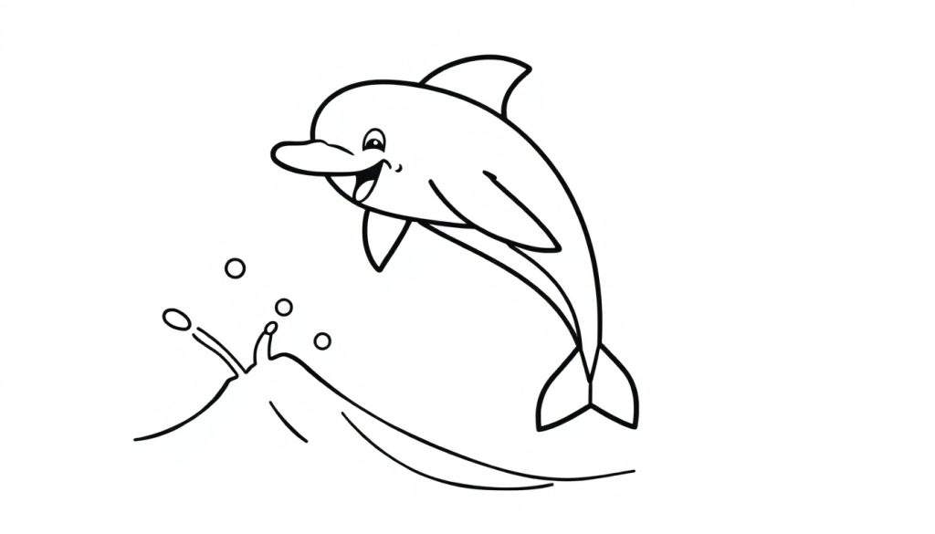 A cute dolphin jumping out of the water, ready for coloring fun in this black and white color panel.