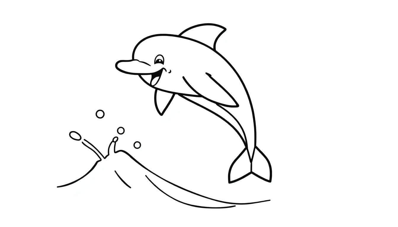 A cute dolphin jumping out of the water, ready for coloring fun in this black and white color panel.