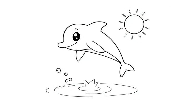 A black and white cartoon dolphin jumping joyfully from the water under a smiling sun. This color panel shows bubbles and a splash, perfect for a coloring page.