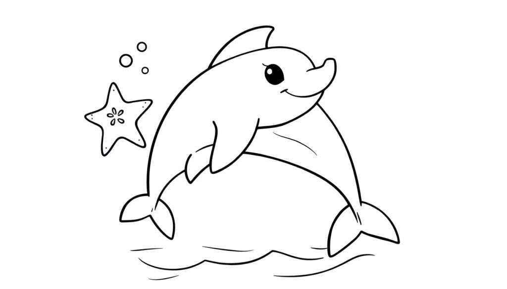 A black and white line drawing of two dolphins and a starfish, perfect for a color panel.