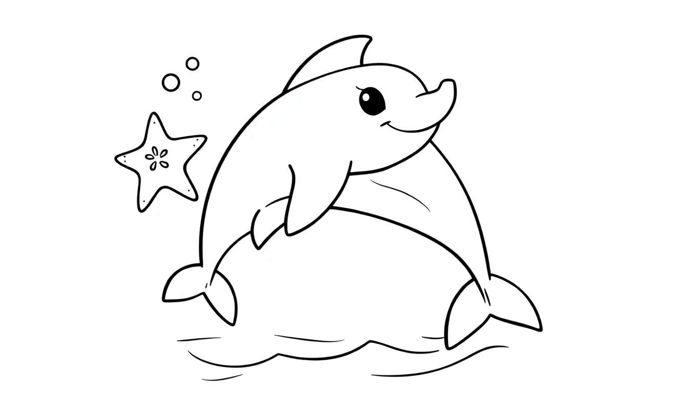 A black and white line drawing of two dolphins and a starfish, perfect for a color panel.