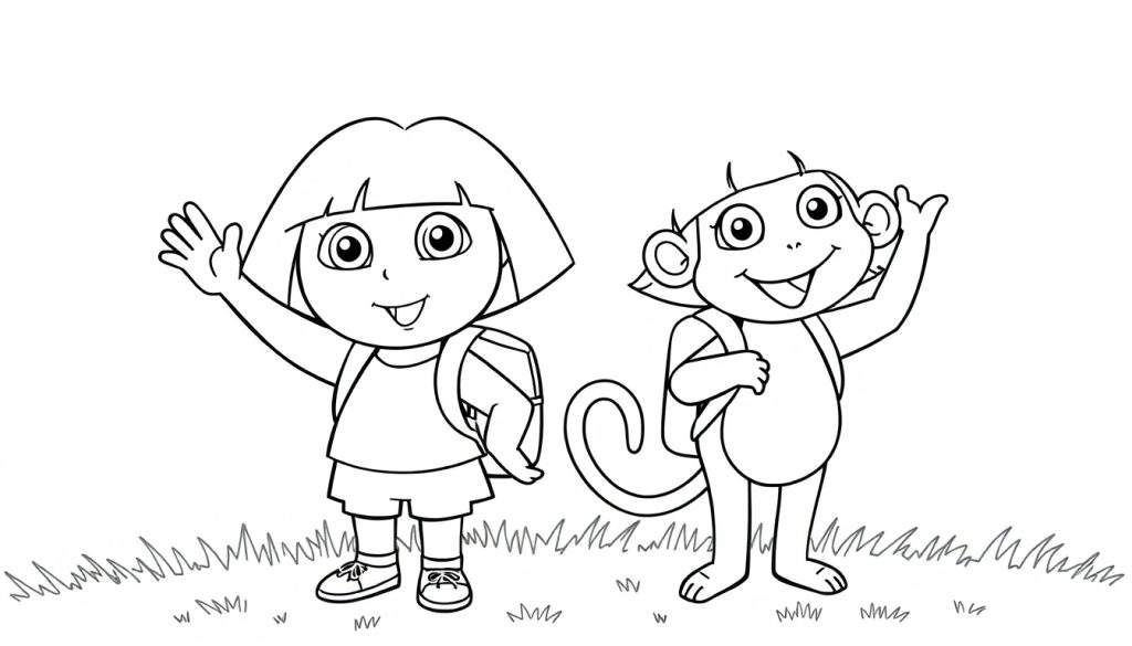 Dora the Explorer and Boots the Monkey, a black and white illustration for a color panel, waving hello.