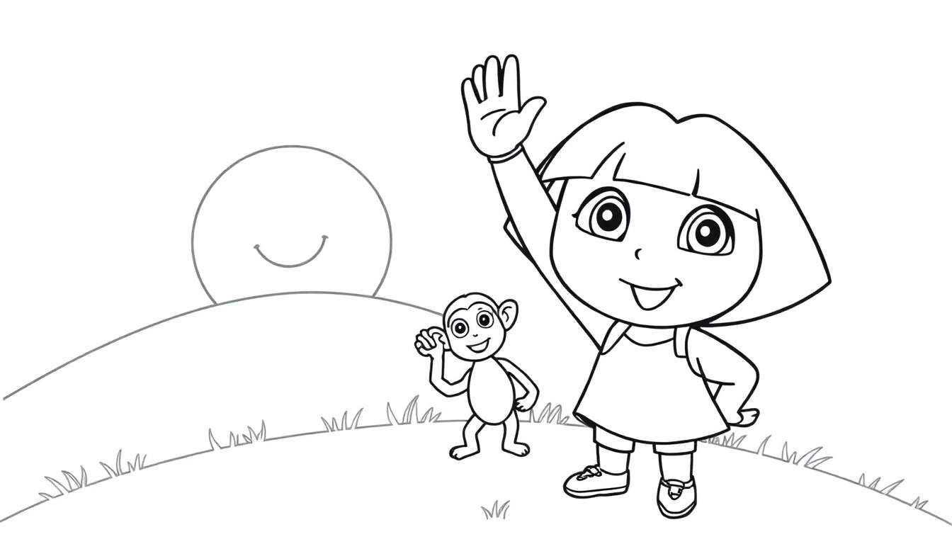 Dora the Explorer and Boots waving hello in a black and white color panel, ready for adventure.
