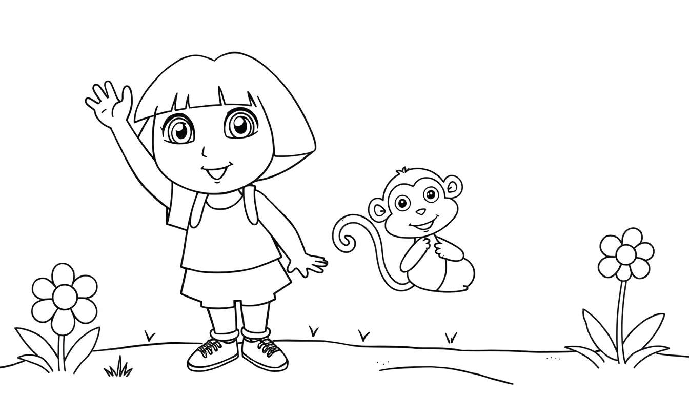 A black and white color panel featuring Dora and Boots waving hello in a grassy field with flowers.