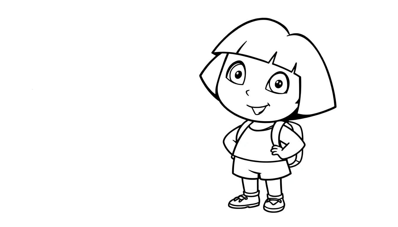 Dora the Explorer ready for adventure in a black and white color panel, with her iconic backpack and Boots by her side.