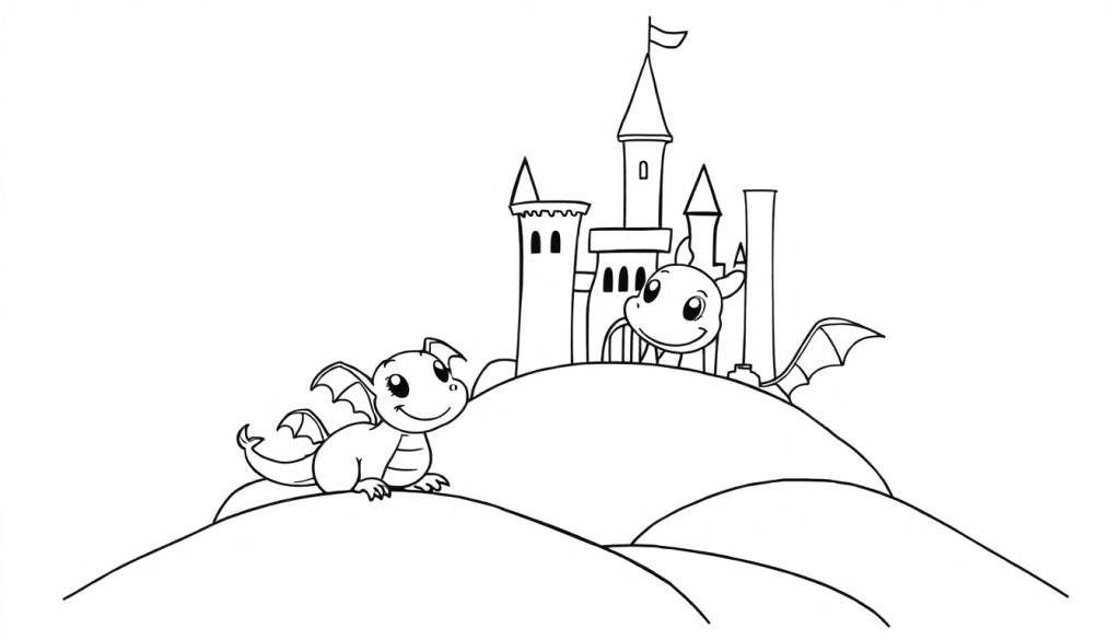 A black and white coloring page color panel showing two cute dragons and a castle on hills.