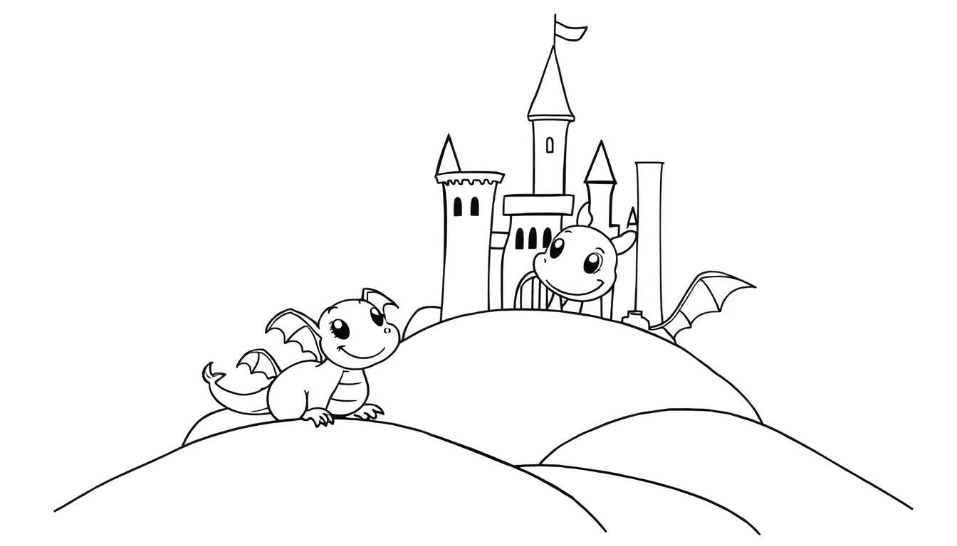 A black and white coloring page color panel showing two cute dragons and a castle on hills.