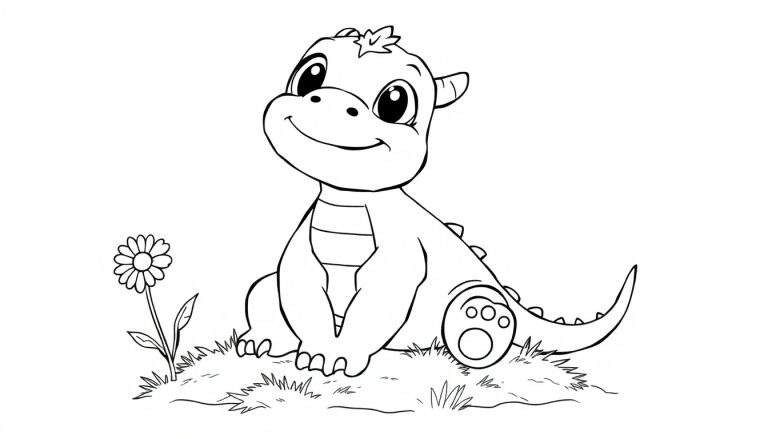 A cute cartoon dragon sitting on grass with a daisy, ready for coloring in this color panel.
