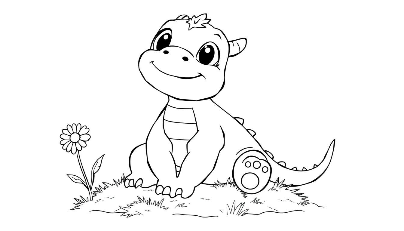 A cute cartoon dragon sitting on grass with a daisy, ready for coloring in this color panel.