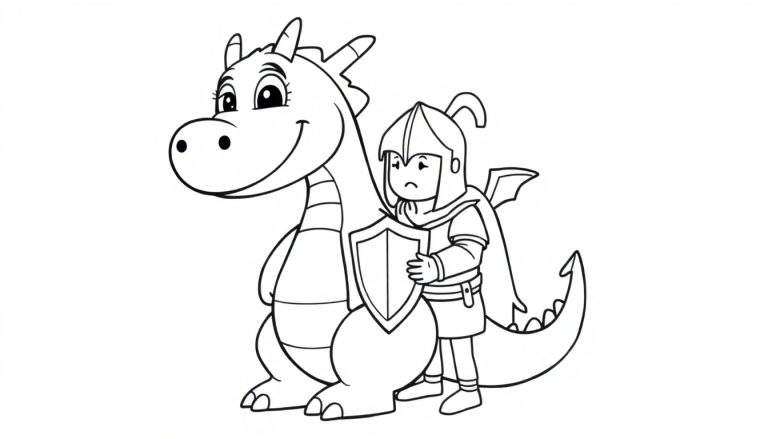 A friendly dragon and knight ready for coloring in this color panel.