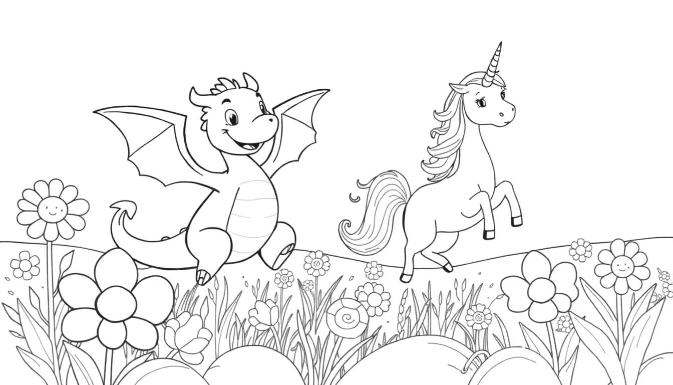 A black and white drawing of a cartoon dragon and unicorn in a flower field, ready for a color panel.