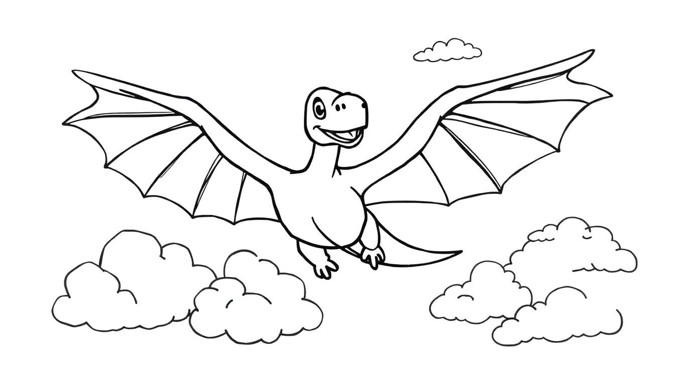 A friendly cartoon dragon flying through clouds, ready for coloring, a wonderful color panel.