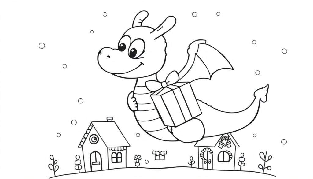 A cute dragon coloring panel delivering a gift.