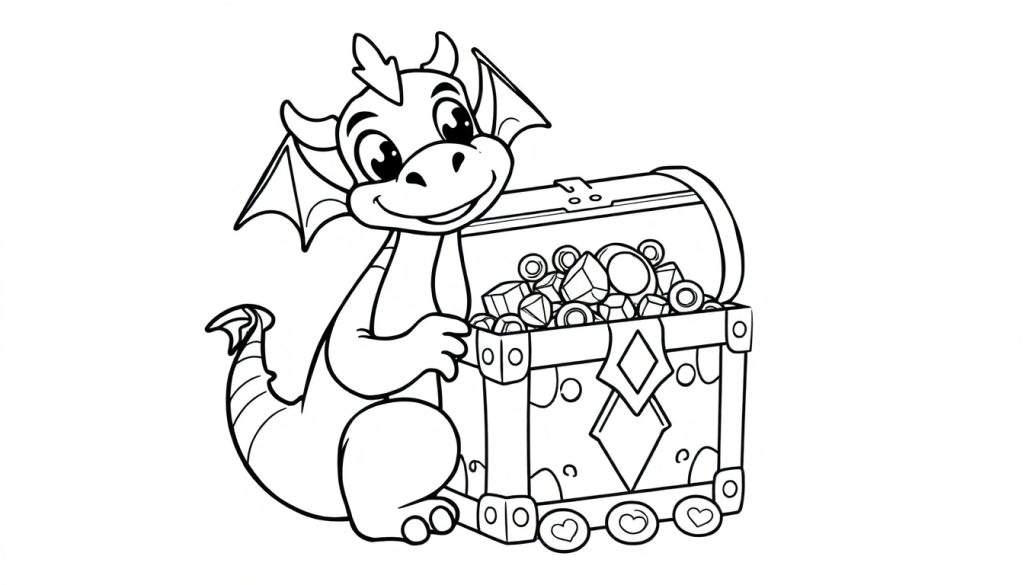 A cute dragon sitting next to a treasure chest, ready for a color panel adventure.