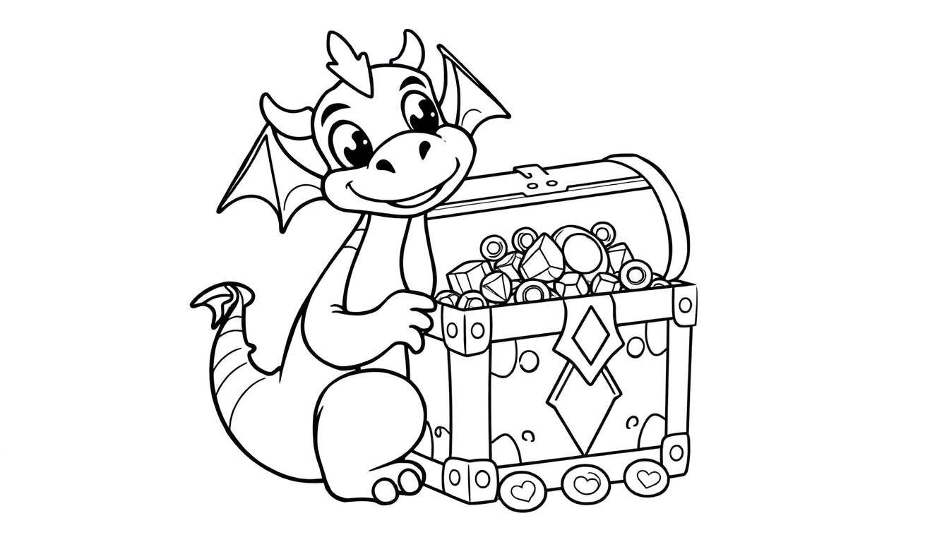 A cute dragon sitting next to a treasure chest, ready for a color panel adventure.