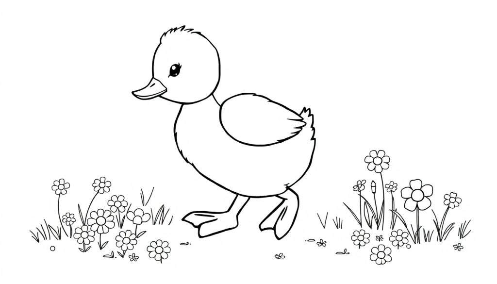A happy duckling in a flower field, ready for a color panel adventure!