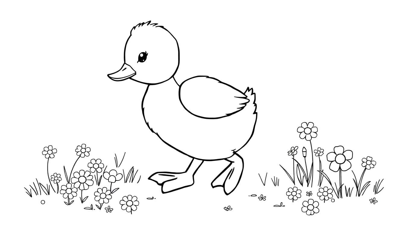 A happy duckling in a flower field, ready for a color panel adventure!
