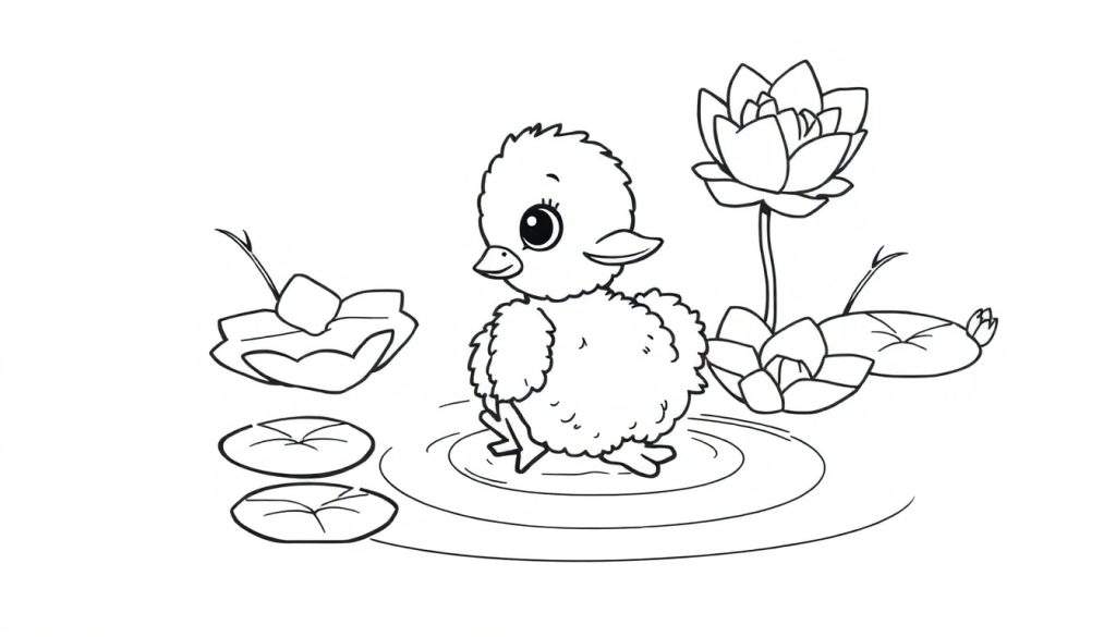 A cute duckling in a black and white line drawing, surrounded by lily pads and ripples, ready for a color panel.
