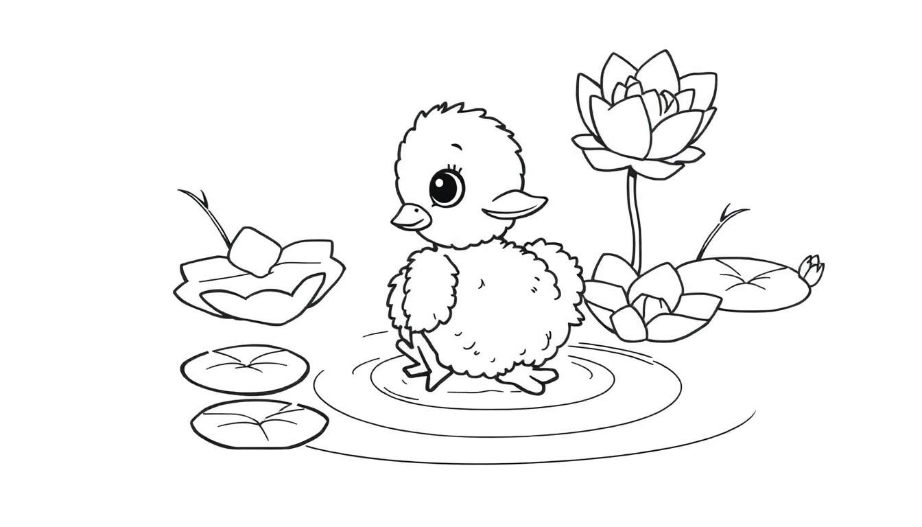 A cute duckling in a black and white line drawing, surrounded by lily pads and ripples, ready for a color panel.