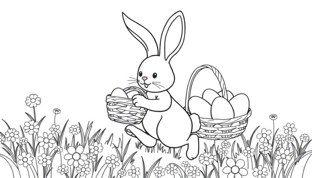 A cute Easter bunny with long ears holding two baskets full of Easter eggs, ready for coloring. This is a black and white illustration, a line art color panel.