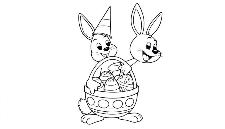 Two cartoon rabbits in a black and white color panel, one with a party hat, carrying a basket of Easter eggs.